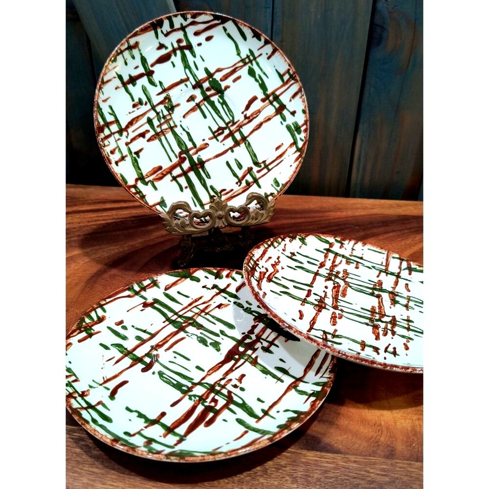 658. Set of 3 Blue Ridge Southern Vintage Pottery Plates Scatter Plaid